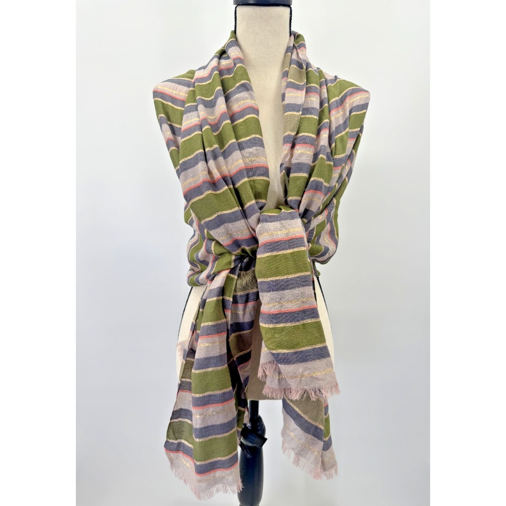 Ann Taylor Striped Extra Large Scarf Shawl Wrap Metallic Green Purple Prep Light